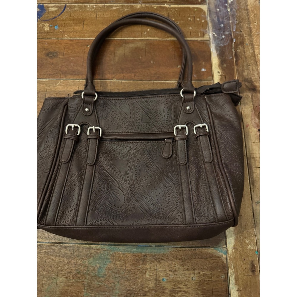 Reflections Brown Faux Leather Paisley Embossed Shoulder Bag Tote Buckle Detail